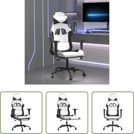 Massaggio -  Sedia da Gaming Massaggio Poggiapiedi Bianco e Nero Similpelle