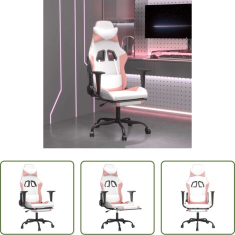 Massaggio - Sedia da Gaming Massaggio Poggiapiedi Bianco e Rosa Similpelle