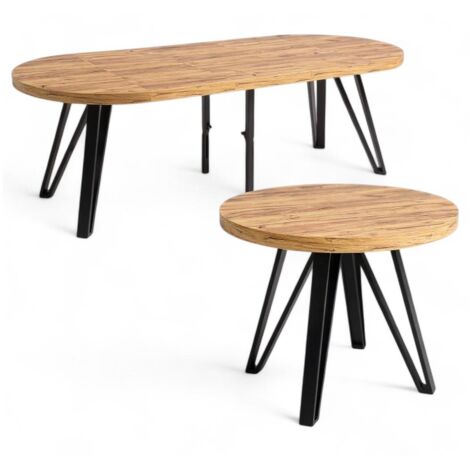Massiver ausziehbarer Esstisch, Industrial-Look, Runder Tisch Craft Eiche + Schwarz Ø100/300 cm