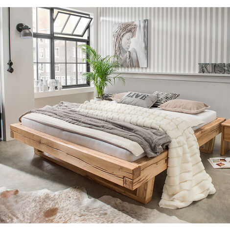 Massivholz Doppelbett, 140x200 cm, Eiche massiv, ohne Kopfteil, Massivholzkufen, UPPSALA-137, B/H/T ca. 158/42/228 cm