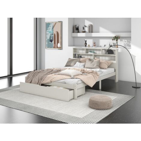 Massivholz-Doppelbett mit Schubladen und Lattenrost, Kinder-Bücherregal für Jugendliche und Erwachsene, 140x200cm weiß