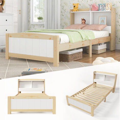 Massivholz Einzelbett Stauraum-Kopfteil Bett,90 x 200 cm Bettgestell mit Lattenrost Holzbett mit Kopfteil,Kinderbett Jugendbett Kiefer massiv Natürlich und Weiß (Ohne Matratze und Schubladen)