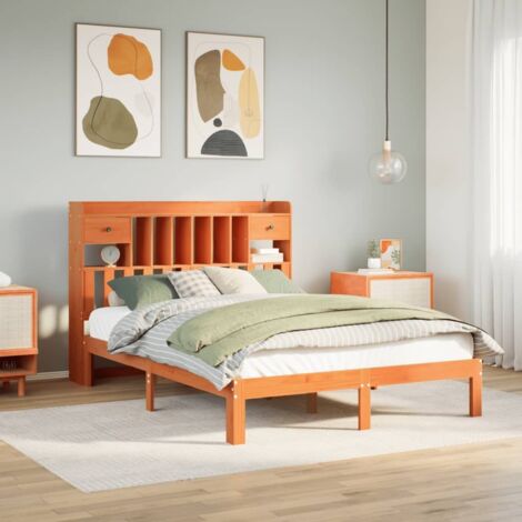 Massivholzbett mit Regal ohne Matratze Wachsbraun 135x190 cm vidaXL