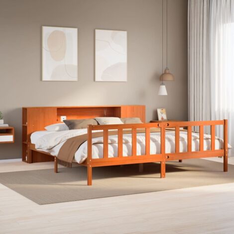 Massivholzbett mit Regal ohne Matratze Wachsbraun 200x200 cm vidaXL