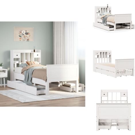 Massivholzbett mit Regal ohne Matratze Weiß 90x190 cm Kiefer - Bücherregalbett - Bücherregalbetten - Bett - Einzelbett