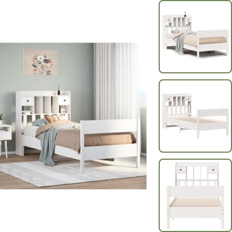 Massivholzbett mit Regal ohne Matratze Weiß 90x200 cm Kiefer - Bücherregalbett - Bücherregalbetten - Bett - Einzelbett