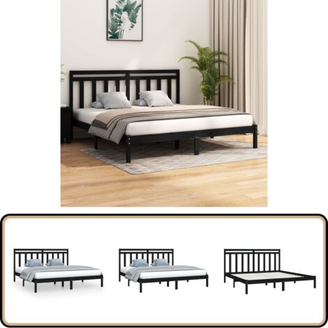 Massivholzbett Schwarz 200x200 cm - Holzbett - Doppelbett - Massives Kiefernholz - Bettgestell - Kopfteil