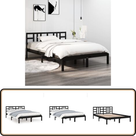 Massivholzbett Schwarz 200x200 cm - Holzbett - Doppelbett - Massives Kiefernholz - Bettgestell - Kopfteil