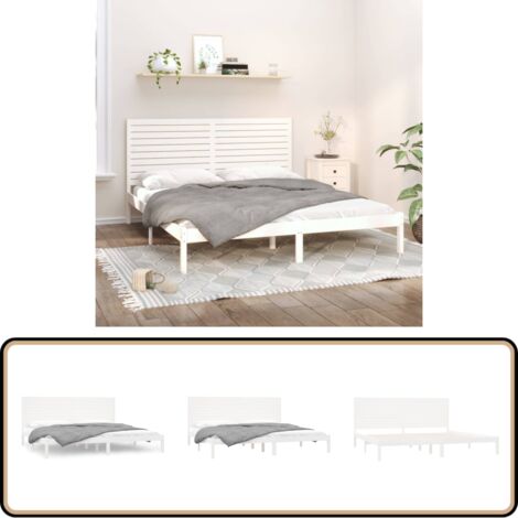 Massivholzbett Weiß 200x200 cm - Holzbett - Massiver Kiefernholz - Doppelbett - Weißes Bett - Kopfteil