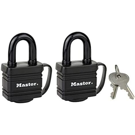 Master Lock 7804EURT Pack de 2 Cadenas en Acier Laminé à Clé et Protection Thermoplastique, Noir, 7,8 x 4 x 2,9 cm