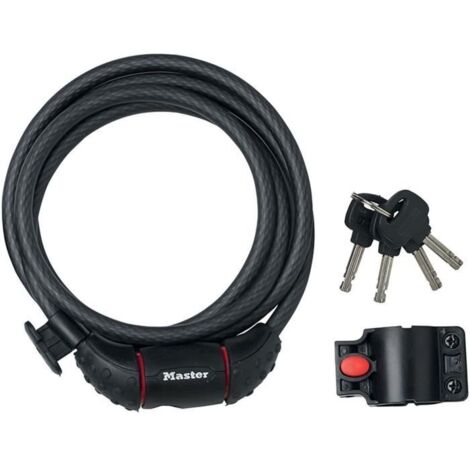 MASTER LOCK Cable Antivol Vélo [1,8 m Câble] [Clé] [Extérieur] [Support Fixation Vélo] 8130EURDPRO - Idéal pour Vélo, Vélo Electrique, Skateboard, Poussettes, Tondeuses et autres Equipements