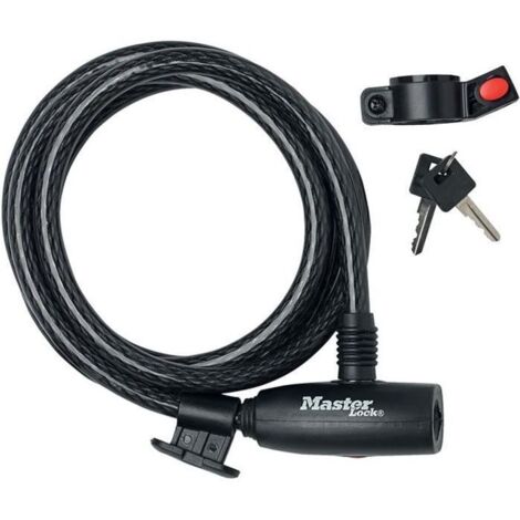 MASTER LOCK Cable Antivol Vélo [1,8 m Câble] [Clé] [Extérieur] [Support Fixation Vélo] 8232EURDPRO - Idéal pour Vélo, Vélo Electrique, Skateboard, Poussettes, Tondeuses et autres Equipements