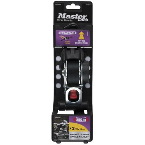 Master Lock – Sangle rétractable 3m x 25mm – Capacité d'arrimage 300 kg – 2 crochets S inclus – Poignée en plastique avec grip PVC - 3mx25mm