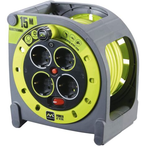 Masterplug Pro-XT Avvolgicavo 15 metri, 4 Prese EU Schuko, Prolunga Elettrica 16A, Protezione Termica, Cavo Alta Visibilità