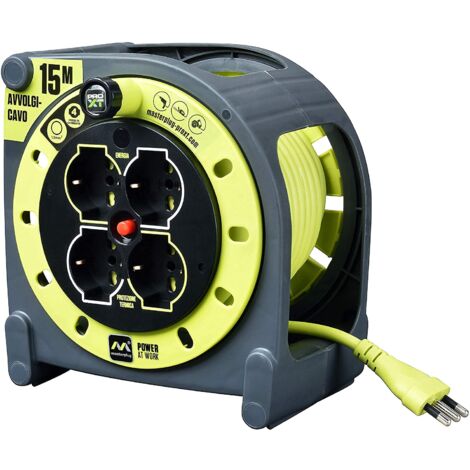 Masterplug Pro-XT Avvolgicavo 15 metri, 4 Prese Universali prolivalent: Bipasso, EU, Schuko, Prolunga Elettrica 16A, Indicatore LED, Cavo Alta Visibilità