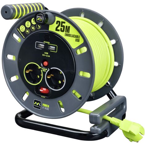 Masterplug Pro-XT Avvolgicavo 25 metri, 4 Prese EU Schuko, 2 USB, Prolunga Elettrica 16A, Protezione Termica, Cavo Alta Visibilità