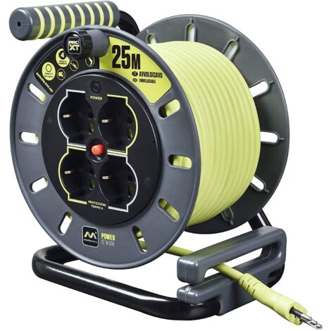 Masterplug Pro-XT Avvolgicavo 25 metri, 4 Prese Universali prolivalent: Bipasso, EU, Schuko, Prolunga Elettrica 16A, Indicatore LED, Cavo Alta Visibilità
