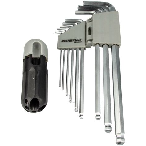 MASTERPROOF PROFESSIONAL Innensechskant Schlüsselsatz 9-tlg. 1,5 2 2,5 3 4 5 6 7 8 10 mit Kugelkopf und T-Halter