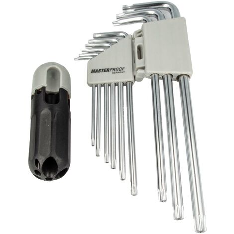 MASTERPROOF PROFESSIONAL TRX Stiftschlüsselsatz 9-tlg. T10 15 20 25 27 30 40 45 50 mit T-Halter, Chrom Vanadium