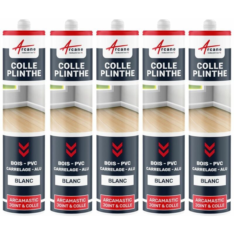 Arcane Industries - Colle plinthe bois et carrelage pose facile - 290 ml x 5 Blanc Blanc