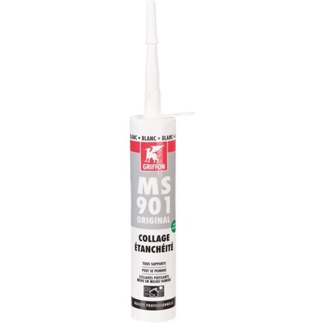 Griffon – Mastic-colle blanc 465 g – Colle multi-usages pour pierre, bois, métal et béton – Résistance aux UV et moisissures – Application intérieure et extérieure