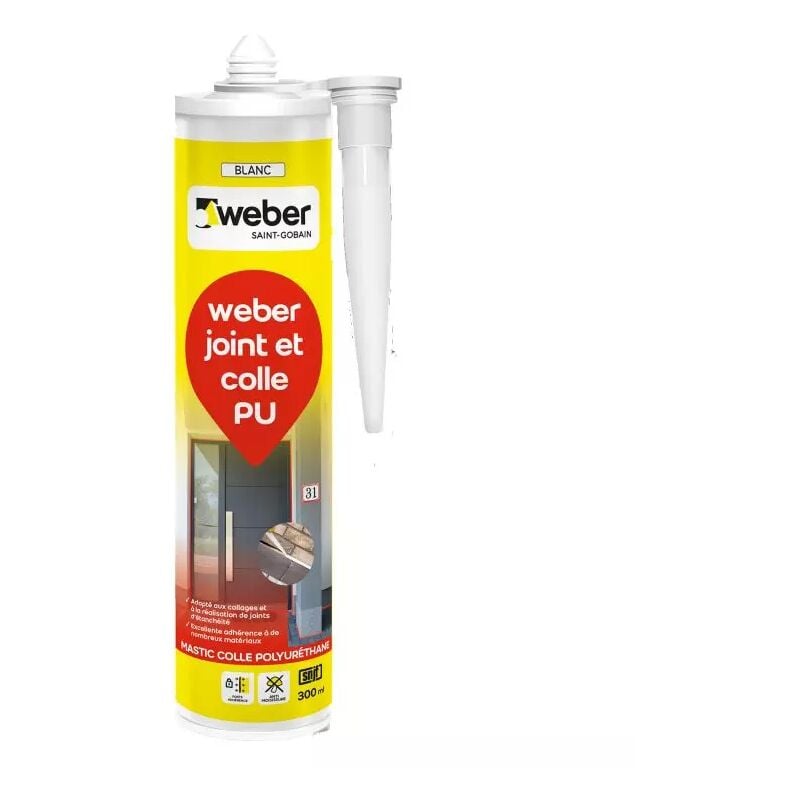 Mastic colle base pu, Blanc, 300ml, Weber joint et colle pu , PU40