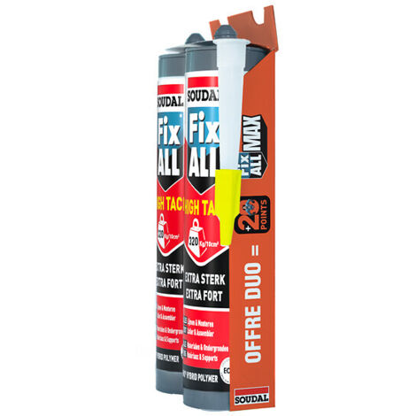 Mastic-colles Fix All High Tack. blanc. pack duo 2 cartouches de 290 ml + canule offerte - SOUDAL FRANCE