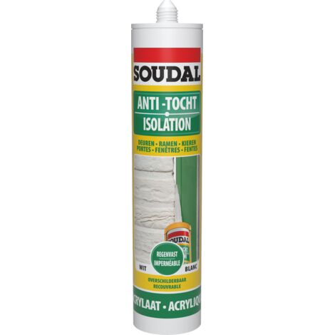 Mastic peintre imperméable - Mastic acrylique imperméable et résistant au vent - Soudal - Cartouche de 290 ml Blanc