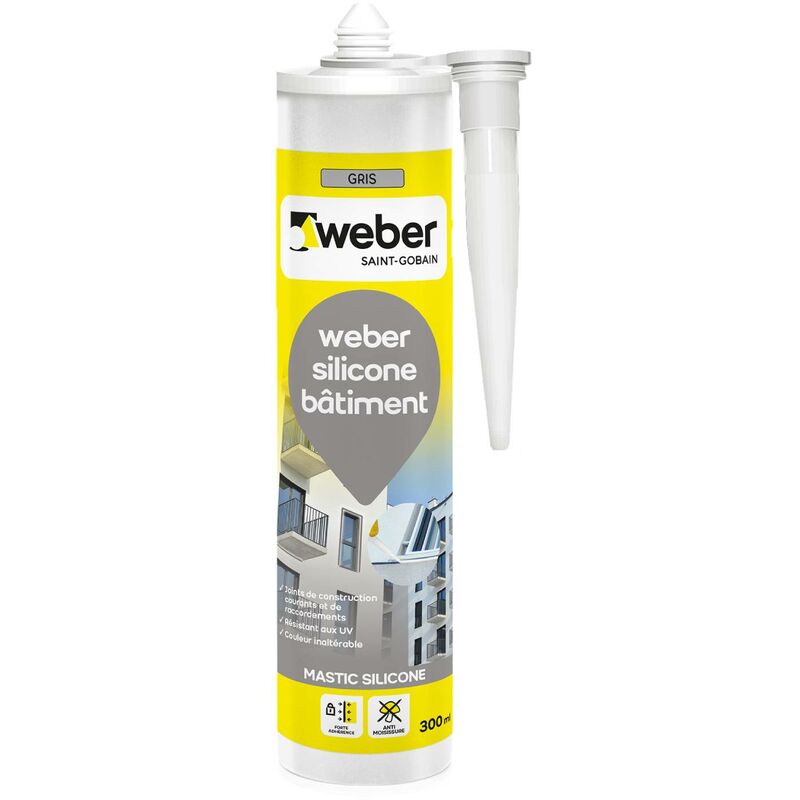 Mastic silicone bâtiment universel, Gris, 300ml, Weber Silicone bâtiment