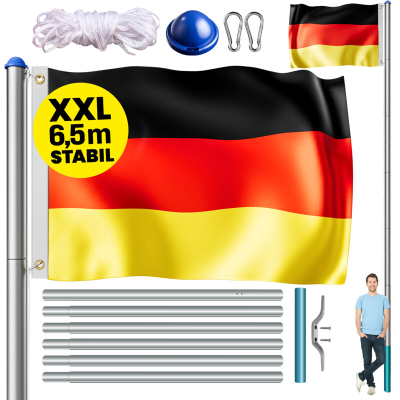 

Mástil de aluminio con bandera de alemania incluida 650cm Mecanizmo de izado estaca y tapa - Deuba