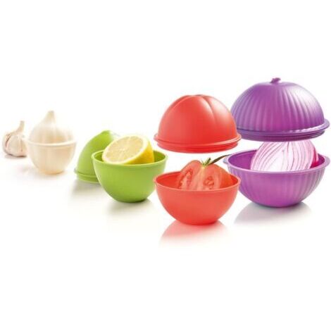 MASTRAD - Boîtes de rangement pour légumes - Lot de 4 (formes ail, oignon, citron, tomate) - Empilables - Compatibles lave-vaisselle - F91354, Vert