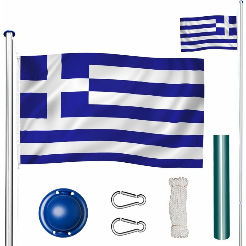 Tectake - Mât avec drapeau réglable en hauteur - mât, porte drapeau, support drapeau - Grèce