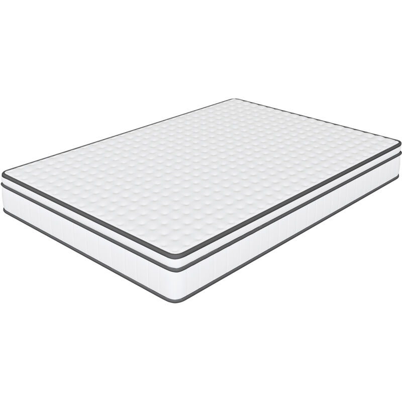 Matelas 140x190, matelas à ressorts, respirant et doux pour la peau, ressorts ensachés, design incurvé anti-collision, bords blancs + gris, tissu