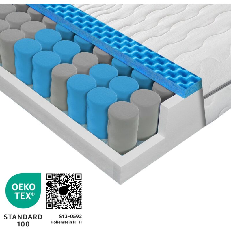Matelas 90x200, 21cm Matelas à ressorts ensachés 90x200 H2 H3, matelas orthopédique 7 zones avec ressorts ensachés haute densité, Certifié Oeko-Tex