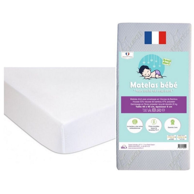 Bbla - Matelas 40x90 + 2 Protèges matelas, alèses Coton bio Blanc