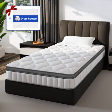Matelas 90x190, Matelas Ressorts, 7 Zones Conception, Matelas avec Drap-housse, Mousse à Mémoire, Epaisseur 25cm