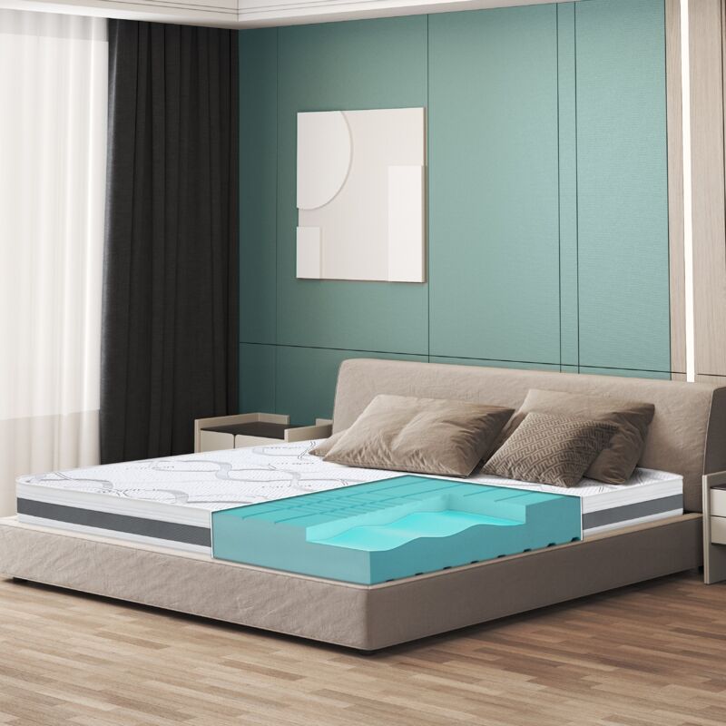 Matelas 200 x 220 à fermeté moyenne Hauteur 16 cm Propriétés orthopédiques et automodelantes Tissu hypoallergénique et respirant Fabriqué en Italie