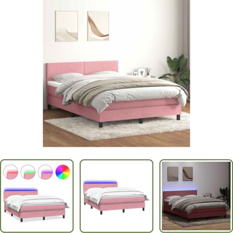 Matelas à ressorts ensachés -  Sommier à lattes de lit avec matelas et LED rose 160x220 cm velours