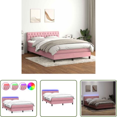 Matelas à ressorts ensachés -  Sommier à lattes de lit avec matelas et LED rose 160x220 cm velours