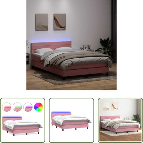 Matelas à ressorts ensachés -  Sommier à lattes de lit avec matelas et LED rose 160x220 cm velours