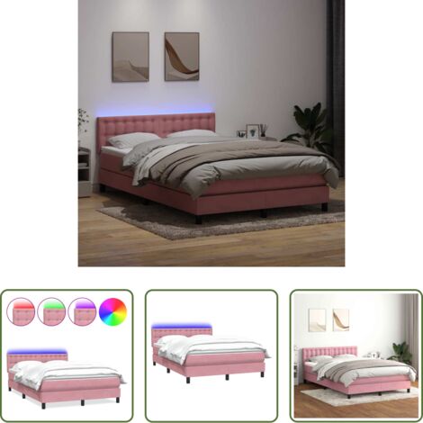 Matelas à ressorts ensachés -  Sommier à lattes de lit avec matelas et LED rose 160x220 cm velours