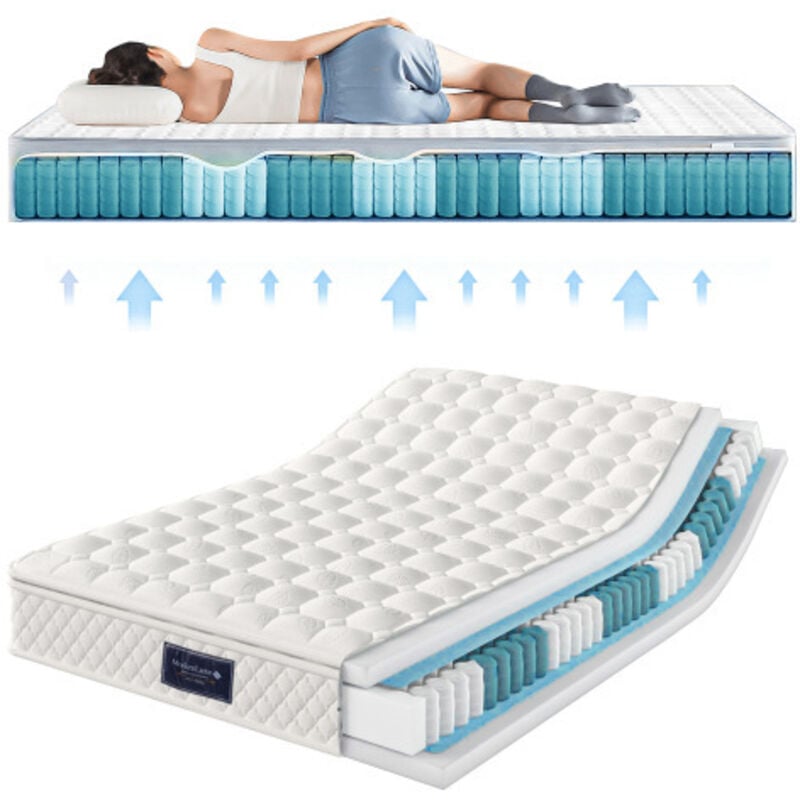 Matelas à ressorts, matelas mousse froide 7 zones, ressorts ensachés, 160x200cm, 100% certifié Oeko-Tex sans substances nocives, surmatelas matelassé