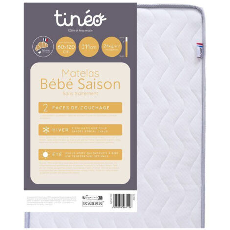 Matelas bébé saisonnier TINEO 60 x 120 cm 11 cm mousse polyuréthane réversible
