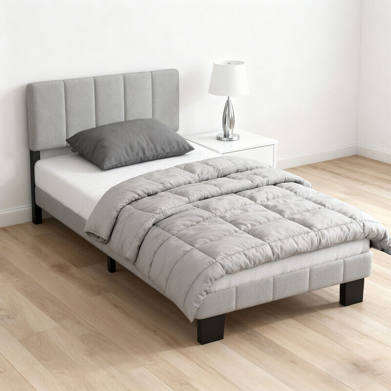 Lit adulte 90 x 200 cm, avec Tête de Lit Rembourrée, en Acier, Supporte Jusqu'à 200 kg, Montage Facile, gris
