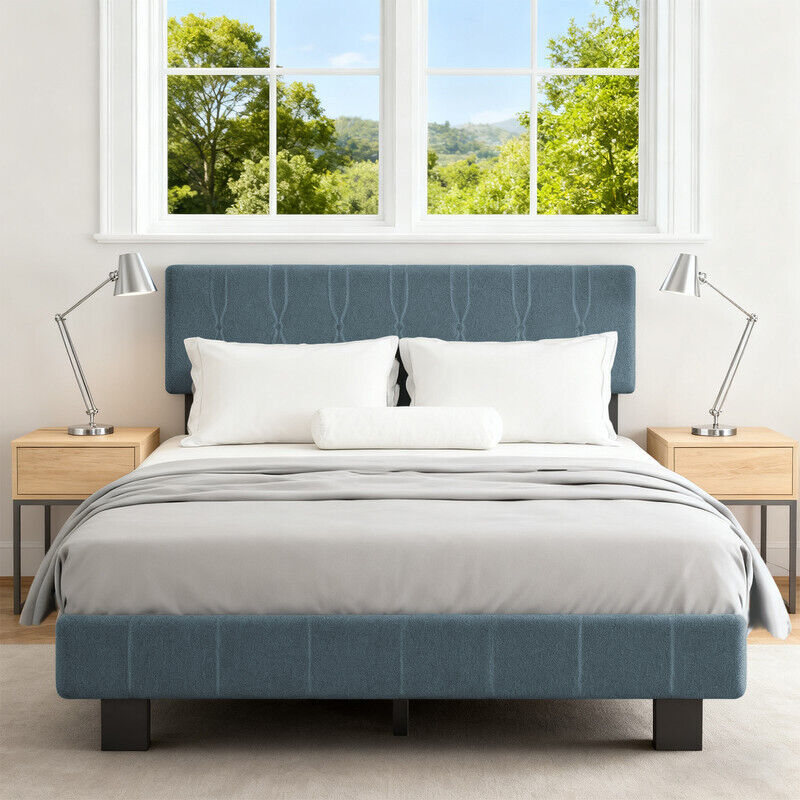 Lit adulte 140 x 200 cm, Avec tête de lit rembourrée et sommier à lattes, hauteur 26.5 cm, Gris bleu