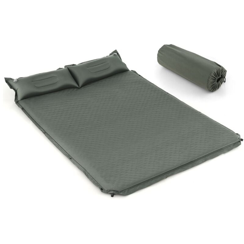 Matelas de Camping Autogonflant 2 Personnes avec 2 Oreillers 187x131x4 CM et Sac Portable en PVC Imperméable pour Randonnées Vert DESIGN IN