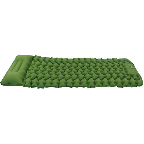 Matelas de sol ergonomique gonflable par le pied pour camping extérieur, sac de rangement inclus, couleur vert olive.