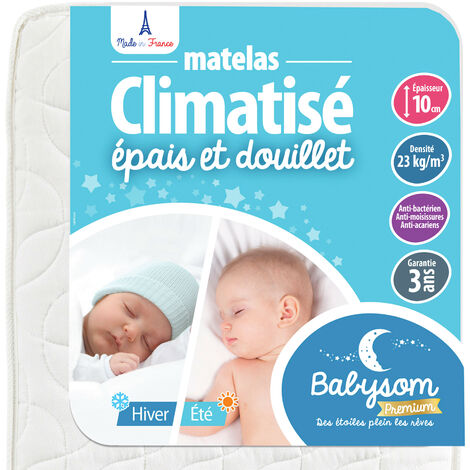 Matelas enfant climatisé 70x140 cm – Réversible été/hiver – Épaisseur 10 cm – Anti-acarien et antibactérien – Fabrication française – Babysom