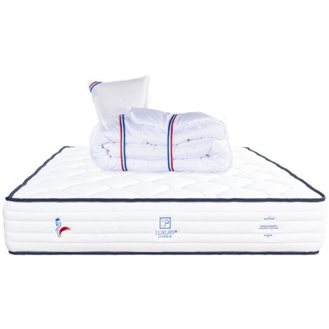 Matelas Patriote, 27cm, Ressorts Ensachés, mousse haute densité , Indépendance du Couchage, Soutien ferme + Oreiller + Couette, 90x190cm