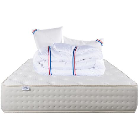 Matelas Purlux, 26cm, latex, indépendance du couchage, face été/hiver + Oreiller + Couette, 180x200cm